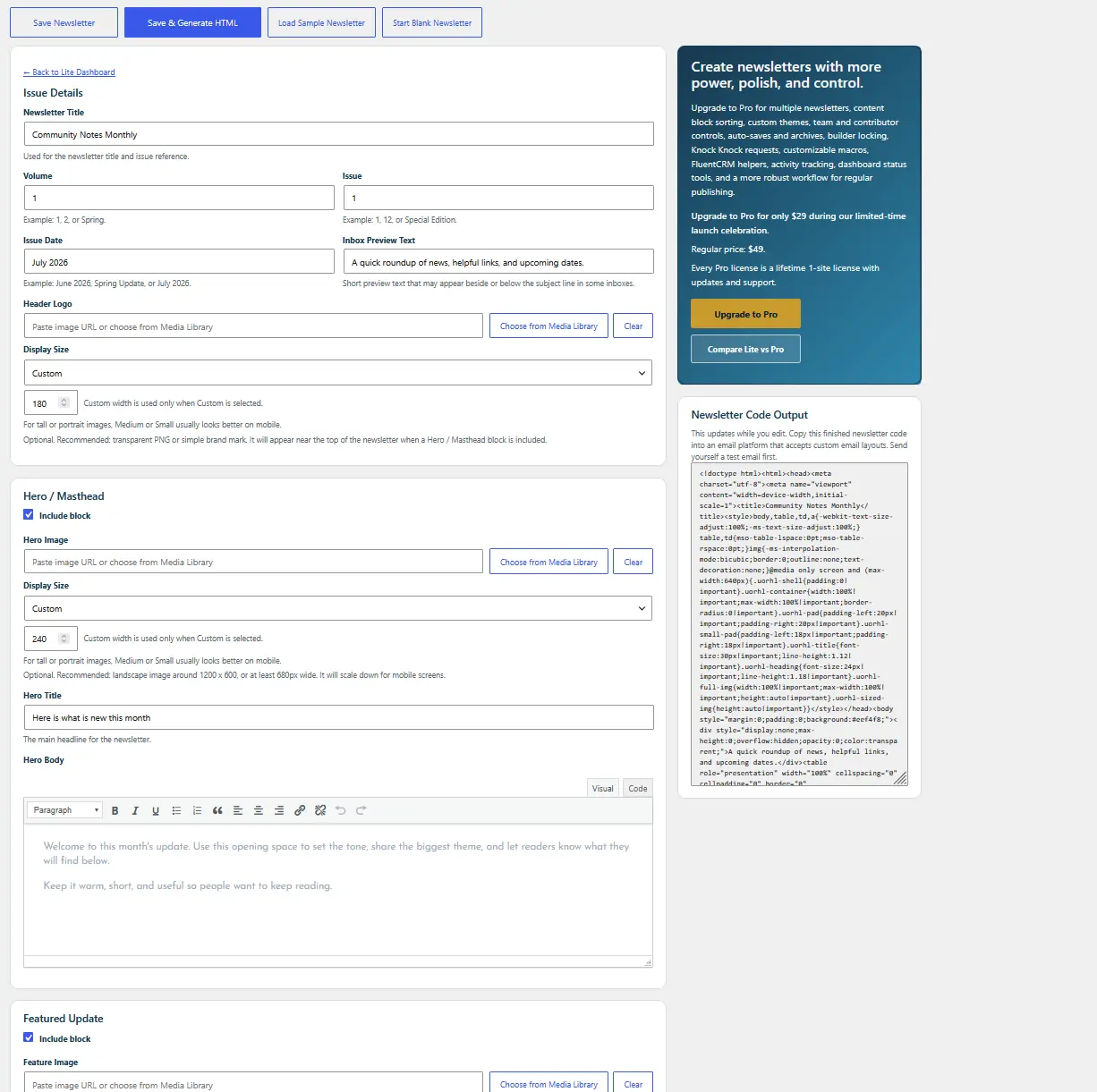 Guided fields in the Easy Newsletter Builder Lite workspace
